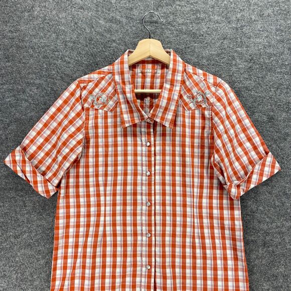 Bit&Bridle Shirt Women S Small Red Plaid Collared Button Up Short Sleeve Cotton - Picture 3 of 8